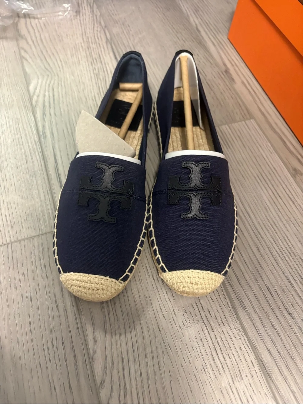 Tory Burch Navy Canvas Espadrille Slip-Ons with Black Logo - Picture 1 of 3